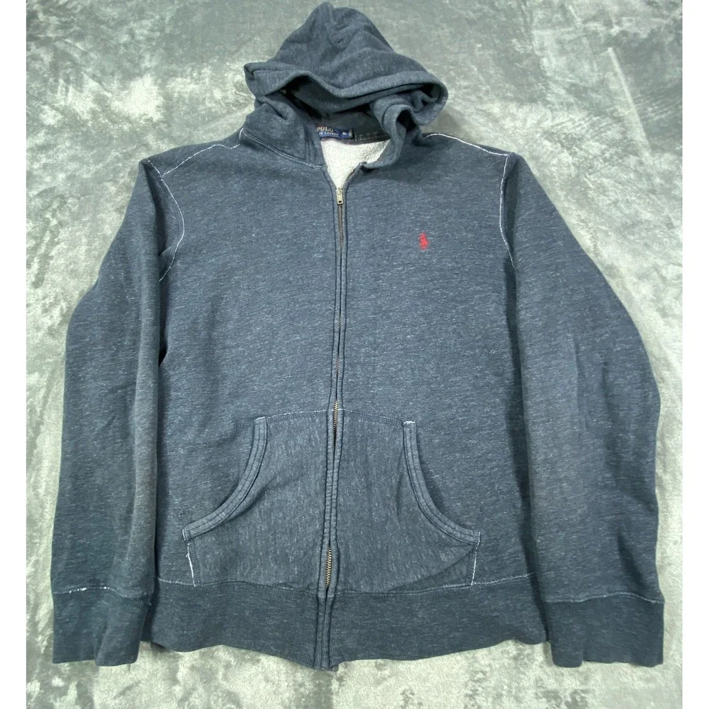 Polo Ralph Lauren Fleece Full Zip Hoodie Mens XL Grey Logo Red‎ Kangaroo Pockets